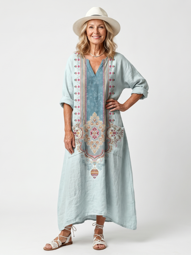 Laura | Vestito midi oversize bordado con bolsillo