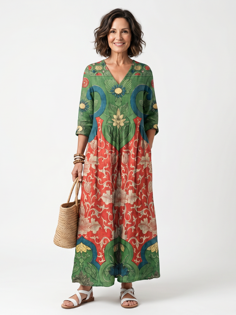 Fernanda | Vestido midi con impresion mixta y cuello en V