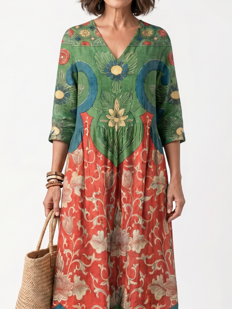 Fernanda | Vestido midi con impresion mixta y cuello en V