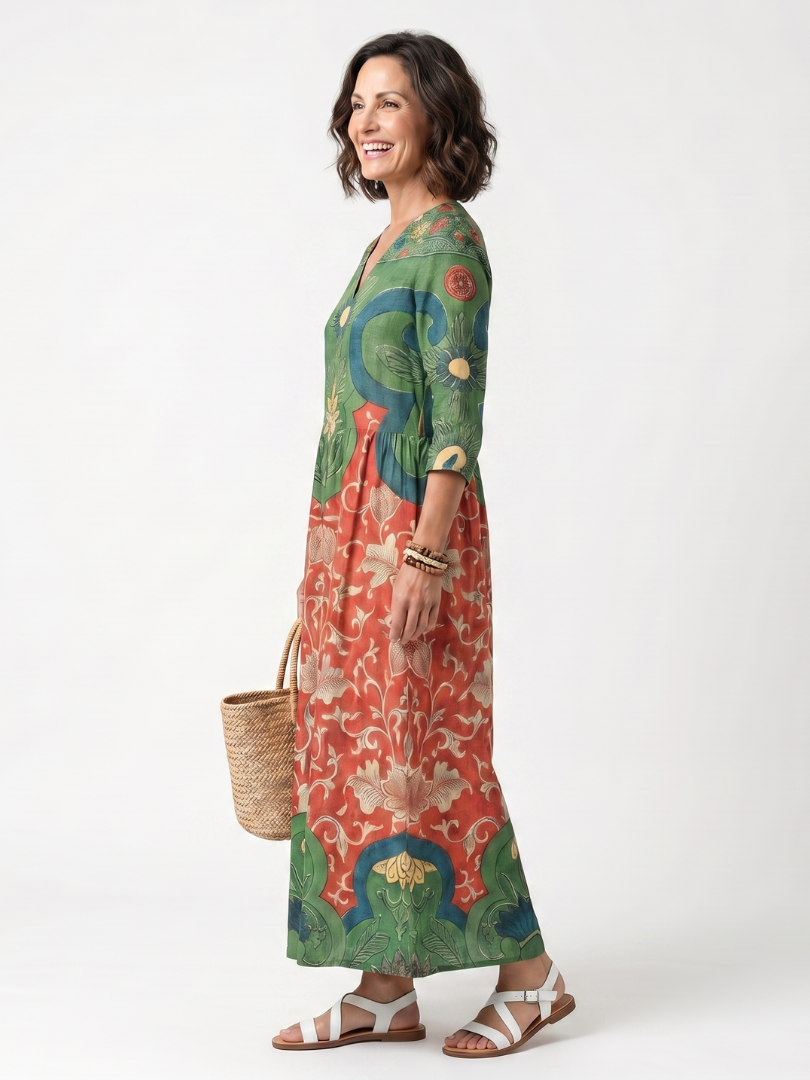 Fernanda | Vestido midi con impresion mixta y cuello en V