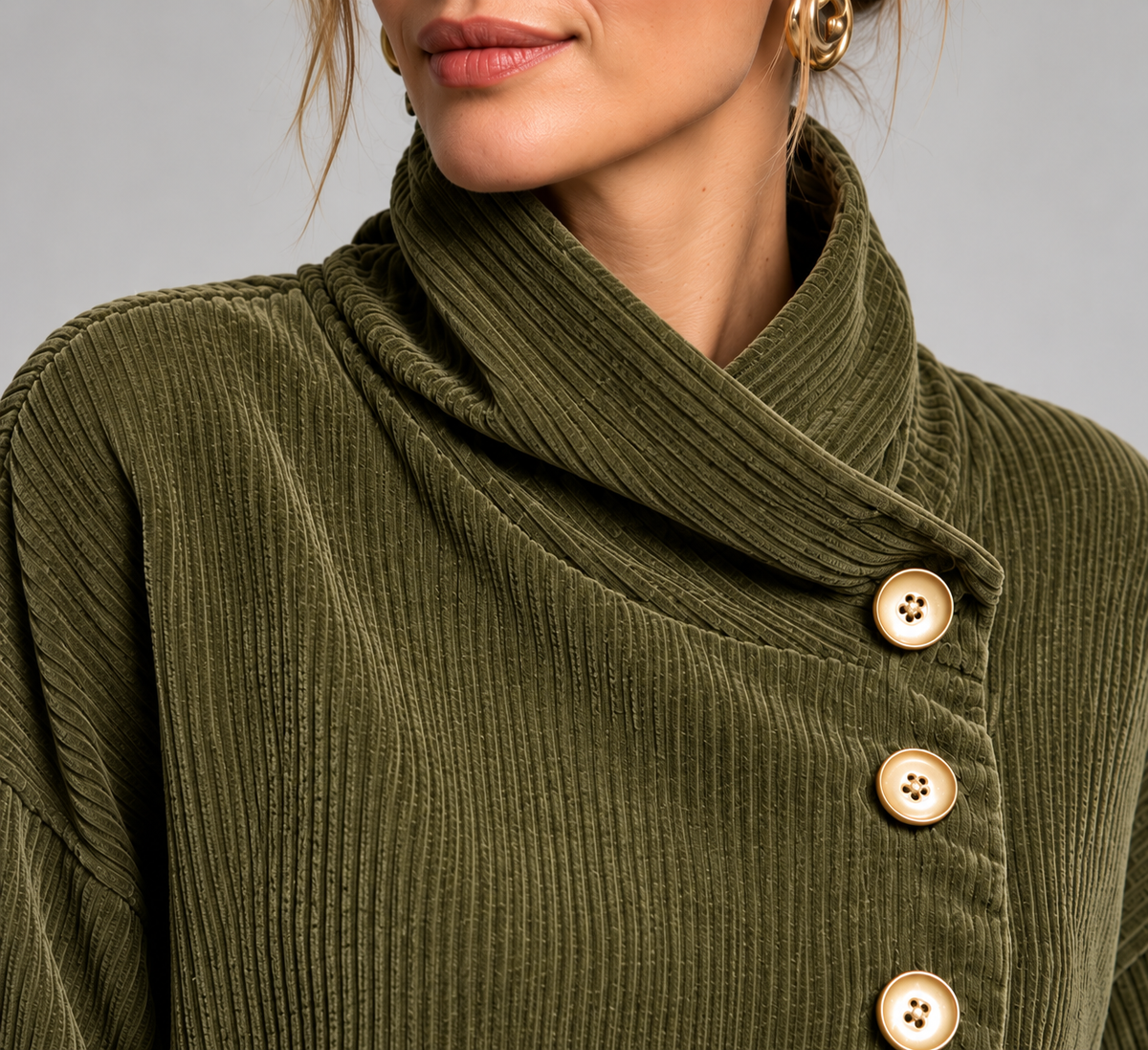 Delfina | Jersey de terciopelo acanalado con cuello alto y botones en diagonal, verde oliva
