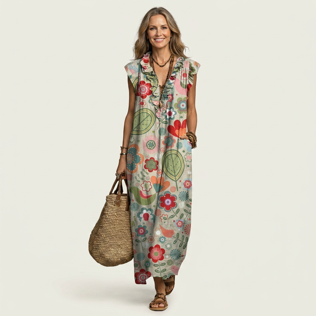 Bruna | Vestido maxi con volante y escote en V