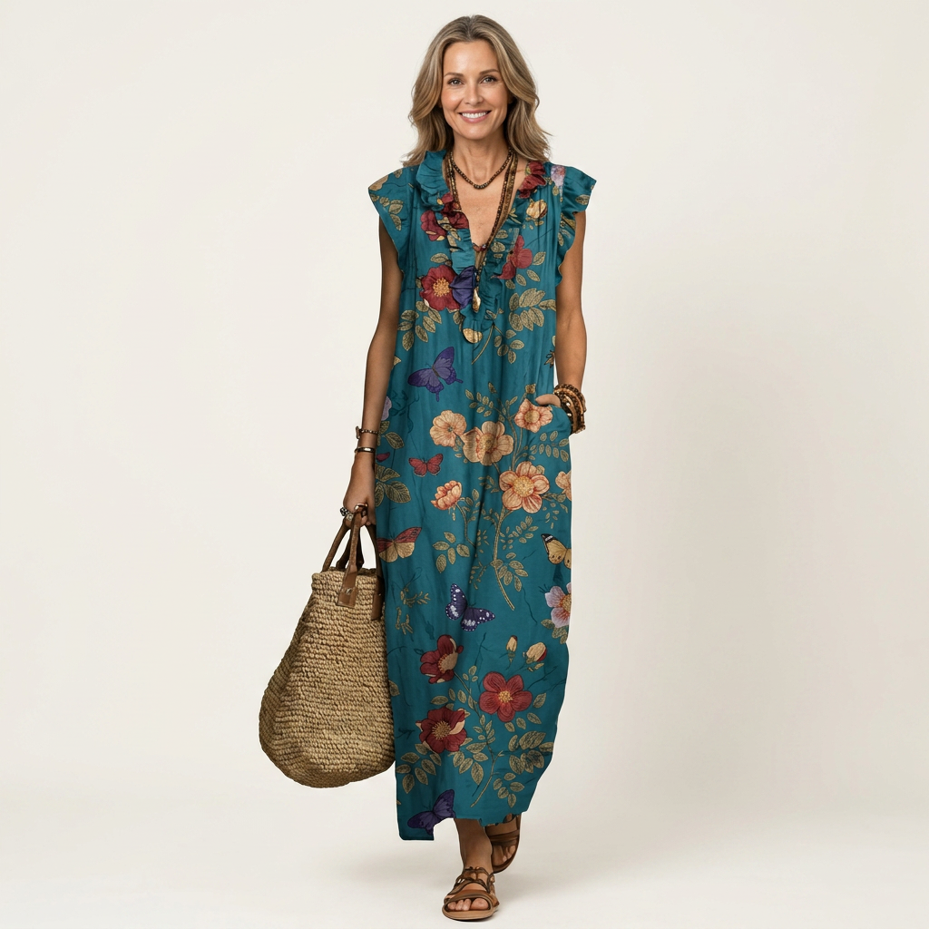 Celestina | Vestido maxi con volante y escote en V