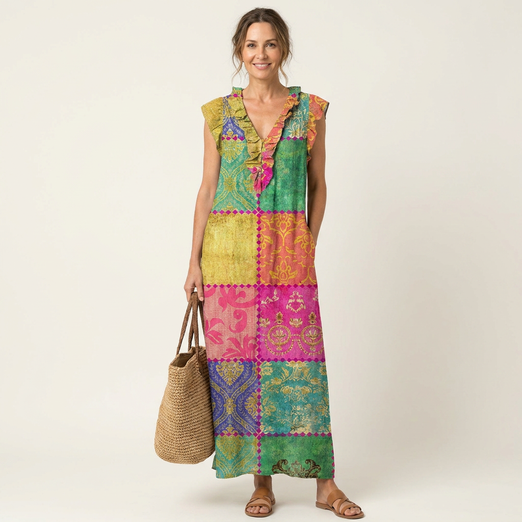 Fulvia | Vestido maxi con volante y escote en V
