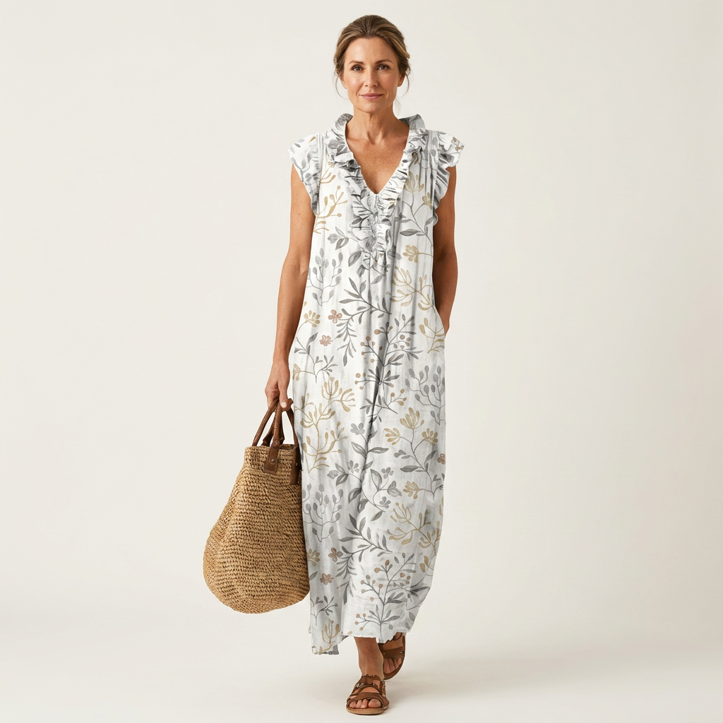 Regina | Vestido maxi con volante y escote en V