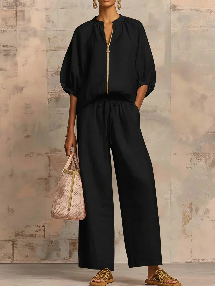Alba | Conjunto de dos piezas: camisa de estilo desenfadado y pantalones de pierna ancha